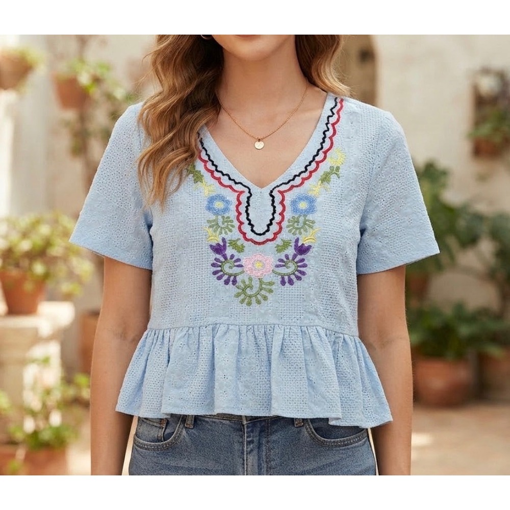 Yu Wei Fashion Light Blue Eyelet Lace Embroidered Peplum V-Neck Blouse Top